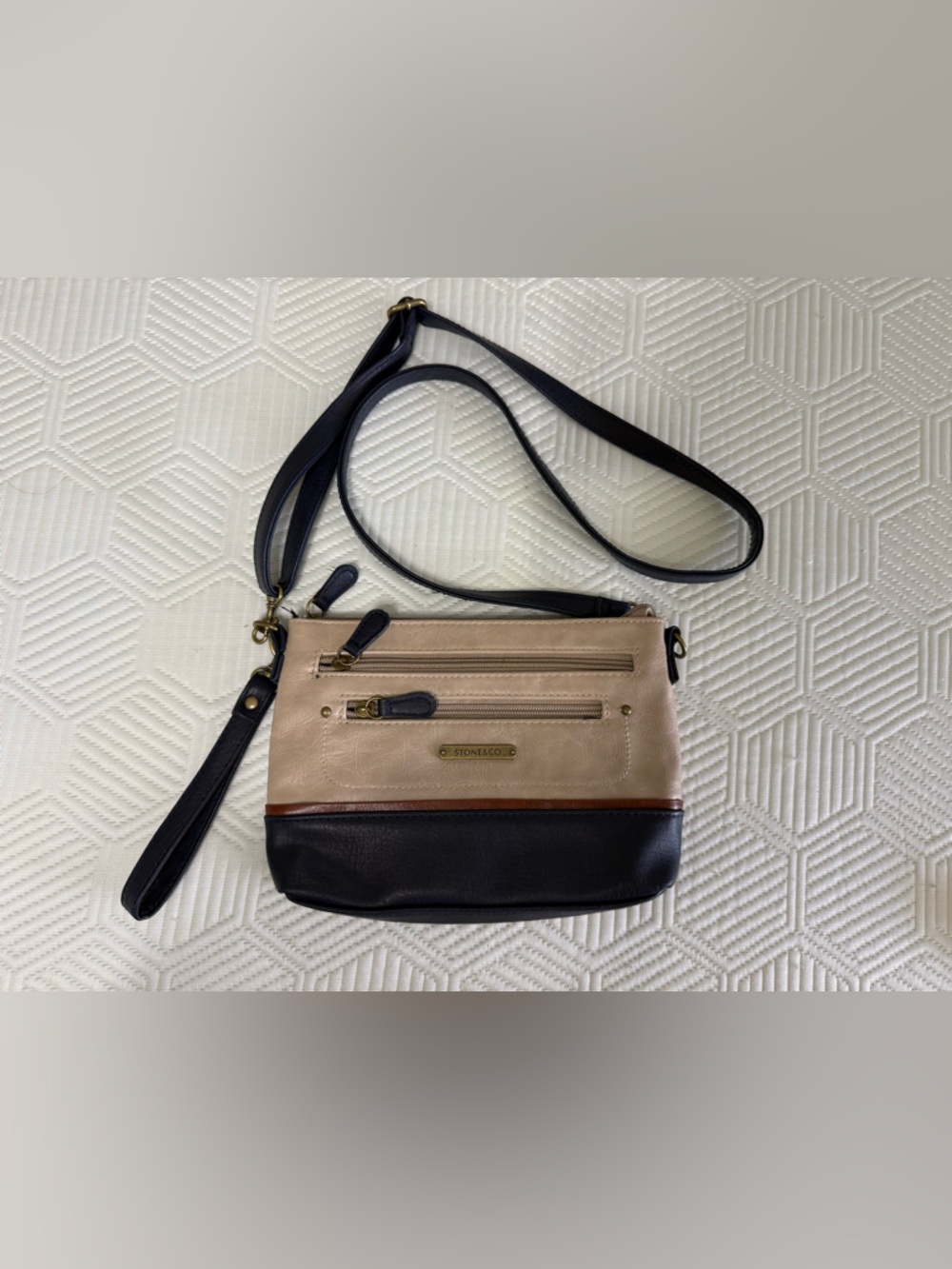 Stone & Co Small Beige and Blue Leather Adjustable Crossbody Shoulder Bag Purse